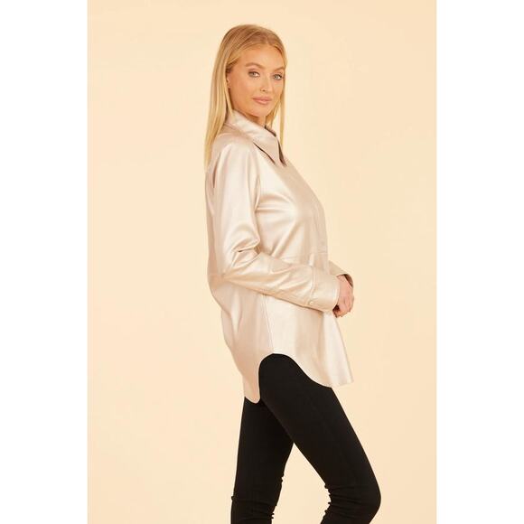 Dolce Cabo Vegan Leather Button Up Shirt Pale Metallic Gold Medium M NEW - Picture 3 of 5